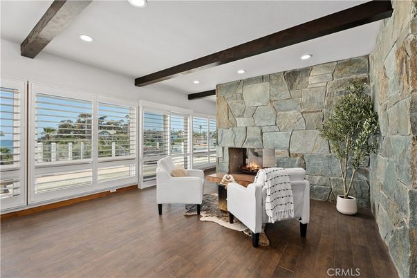Fireplace, Interior, Living room, Recessed Lighting, Stone Walls, Wooden Beams, Wood Texture Flooring