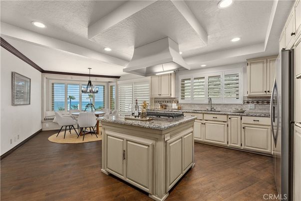 Chandelier, Dining room, Interior, Kitchen, Recessed Lighting, Water, Wood Texture Flooring