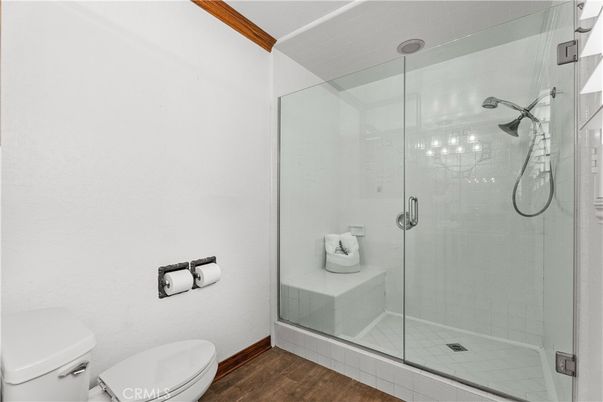 Bathroom, Glass Shower, Interior, Wood Texture Flooring