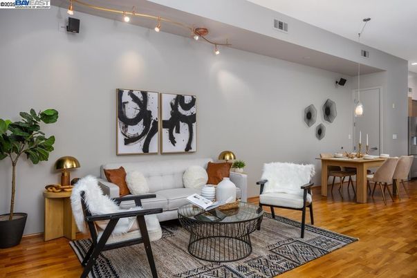Dining room, Interior, Living room, Pendant Lights, Wood Texture Flooring