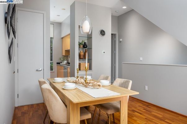 Dining room, Interior, Pendant Lights, Recessed Lighting, Wood Texture Flooring