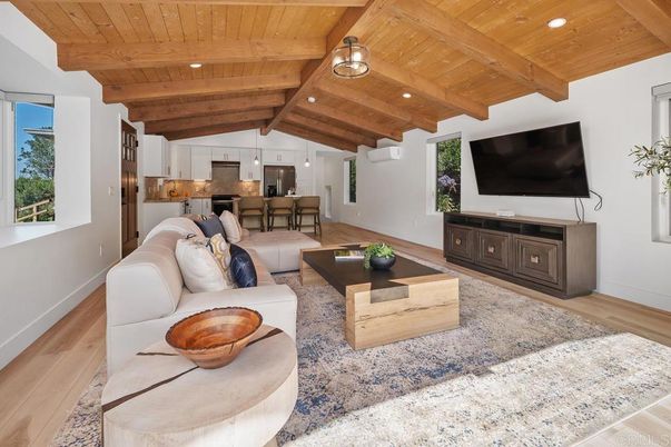 Dining room, Interior, Kitchen, Living room, Pendant Lights, Recessed Lighting, Wooden Beams, Wooden Ceilings, Wood Texture Flooring