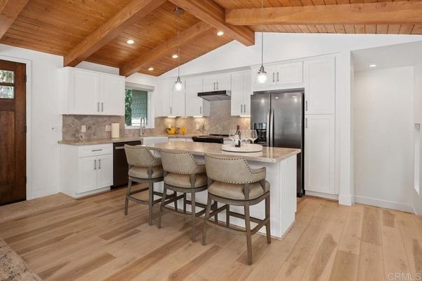 Interior, Kitchen, Pendant Lights, Recessed Lighting, Stainless Steel Appliances, Wooden Beams, Wooden Ceilings, Wood Texture Flooring