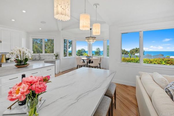 Dining room, Interior, Pendant Lights, Recessed Lighting, Water, Wood Texture Flooring