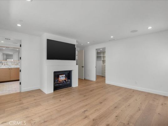 Empty room, Fireplace, Interior, Recessed Lighting, Wood Texture Flooring
