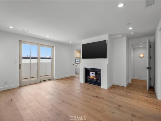 Empty room, Fireplace, Interior, Recessed Lighting, Wood Texture Flooring