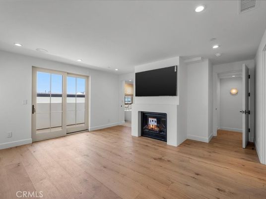 Empty room, Fireplace, Interior, Recessed Lighting, Wood Texture Flooring