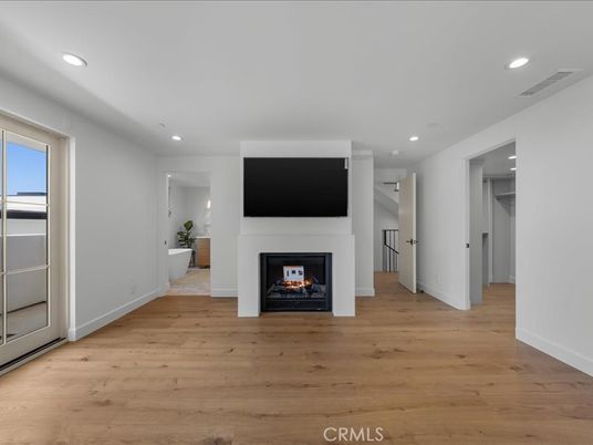Empty room, Fireplace, Interior, Recessed Lighting, Wood Texture Flooring