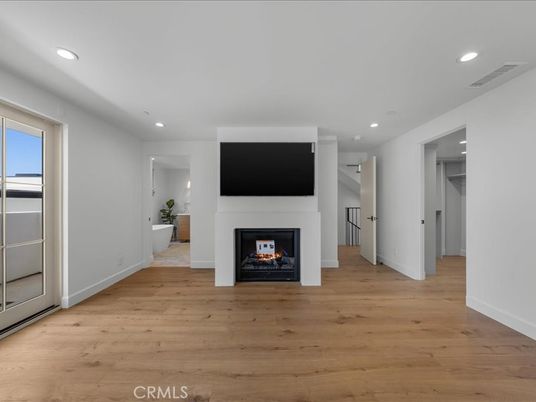 Empty room, Fireplace, Interior, Recessed Lighting, Wood Texture Flooring