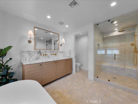 Bathroom, Dual Sink Vanities, Glass Shower, Interior, Recessed Lighting