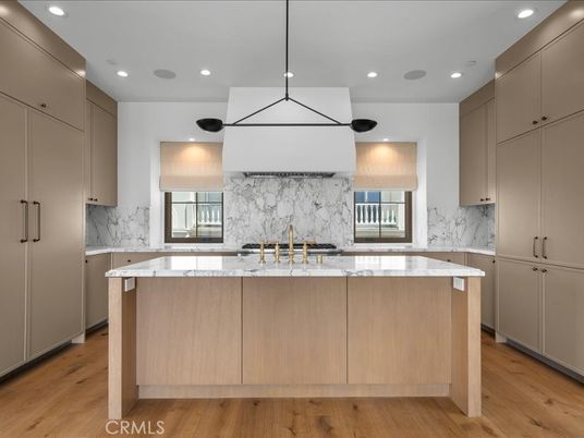 Interior, Kitchen, Marble Walls, Pendant Lights, Recessed Lighting, Wood Texture Flooring