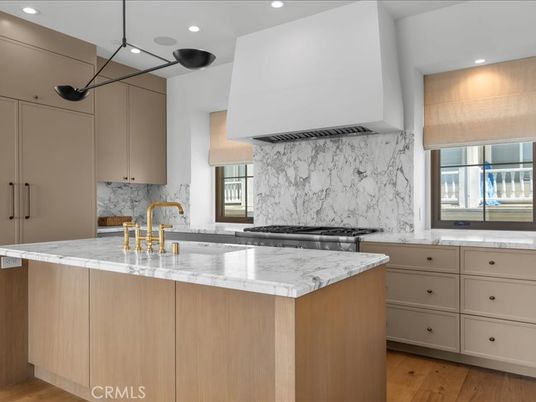 Interior, Kitchen, Marble Walls, Recessed Lighting, Wood Texture Flooring