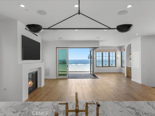 Empty room, Fireplace, Interior, Recessed Lighting, Water, Wood Texture Flooring