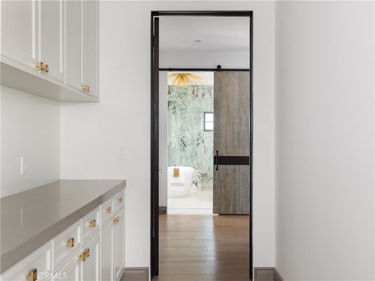 Bathroom, Interior, Marble Walls, Recessed Lighting, Wood Texture Flooring