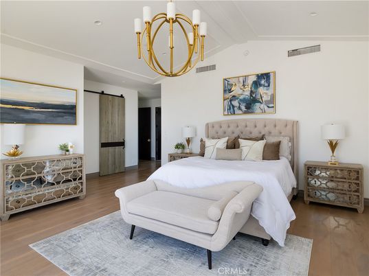Bedroom, Chandelier, Interior, Recessed Lighting, Wood Texture Flooring