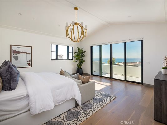 Bedroom, Chandelier, Interior, Recessed Lighting, Water, Wood Texture Flooring