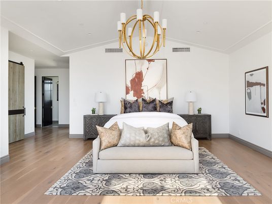 Bedroom, Chandelier, Interior, Wood Texture Flooring