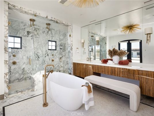 Bathroom, Dual Sink Vanities, Free Standing Baths, Glass Shower, Interior, Marble Walls, Recessed Lighting