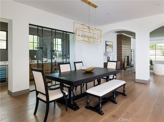 Dining room, Interior, Pendant Lights, Stone Walls, Wood Texture Flooring