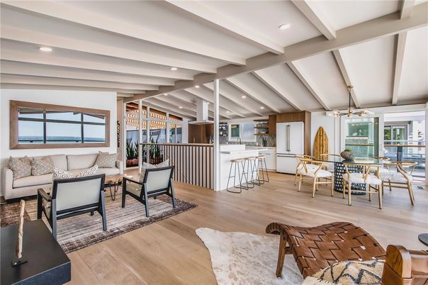 Dining room, Interior, Living room, Pendant Lights, Recessed Lighting, Wood Texture Flooring