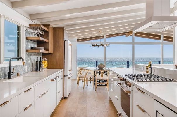 Dining room, Interior, Kitchen, Pendant Lights, Stainless Steel Appliances, Water, Wood Texture Flooring