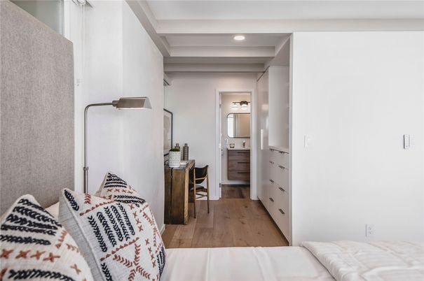 Bedroom, Interior, Recessed Lighting, Wood Texture Flooring