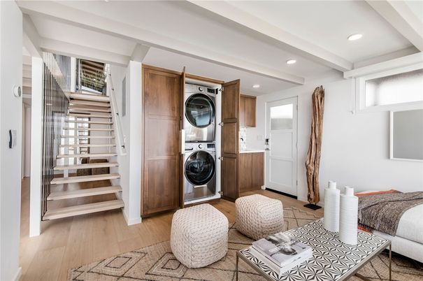 Interior, Living room, Recessed Lighting, Utility Closets, Washer, Wood Texture Flooring