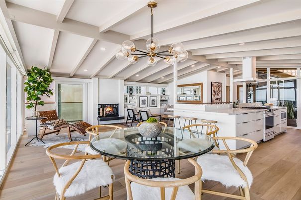 Dining room, Fireplace, Interior, Kitchen, Living room, Pendant Lights, Recessed Lighting, Wood Texture Flooring