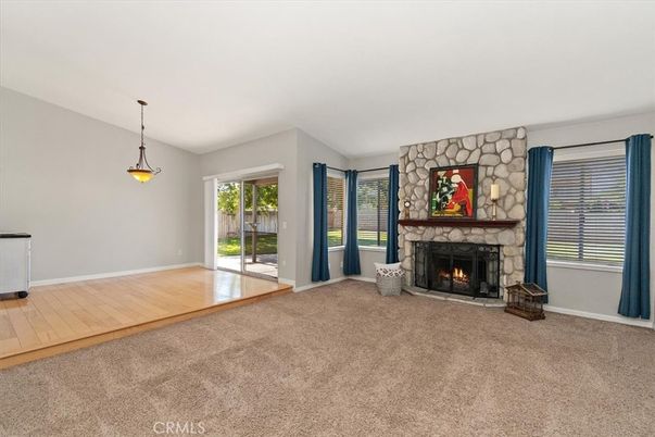 Empty room, Fireplace, Interior, Pendant Lights, Stone Walls, Wood Texture Flooring