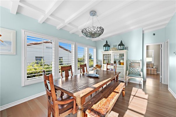 Dining room, Interior, Pendant Lights, Wood Texture Flooring