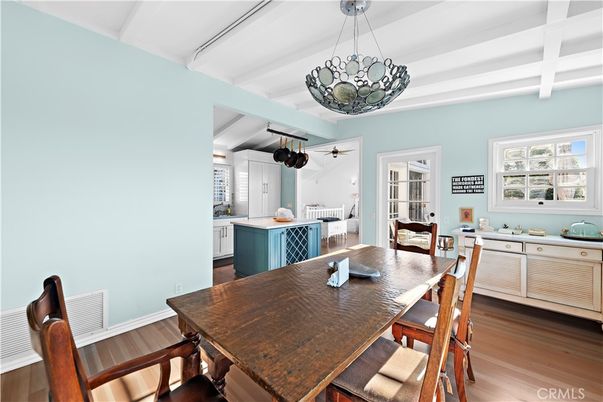 Dining room, Interior, Pendant Lights, Wood Texture Flooring