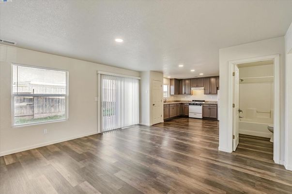 Empty room, Interior, Kitchen, Recessed Lighting, Wood Texture Flooring