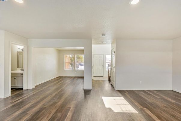 Bathroom, Empty room, Interior, Recessed Lighting, Wood Texture Flooring