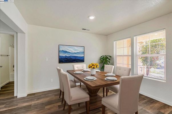 Dining room, Interior, Recessed Lighting, Wood Texture Flooring