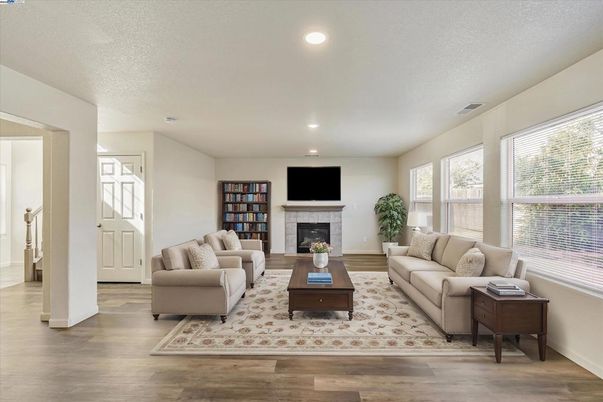 Fireplace, Interior, Living room, Recessed Lighting, Wood Texture Flooring