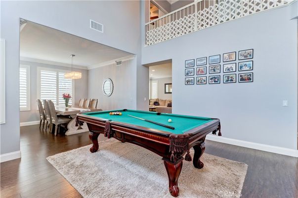Billiard Table, Game Room, Interior, Pendant Lights, Wood Texture Flooring