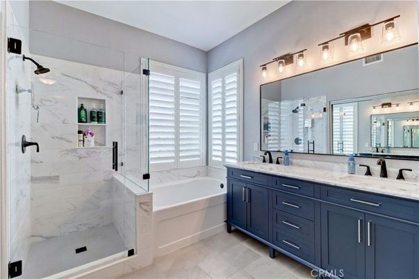 Bathroom, Dual Sink Vanities, Glass Shower, Interior, Marble Walls