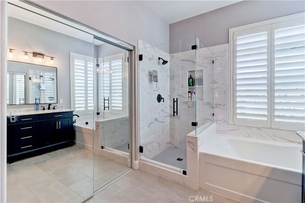 Bathroom, Dual Sink Vanities, Glass Shower, Interior, Marble Walls