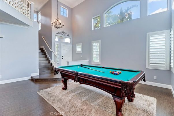 Billiard Table, Chandelier, Game Room, Interior, Wood Texture Flooring