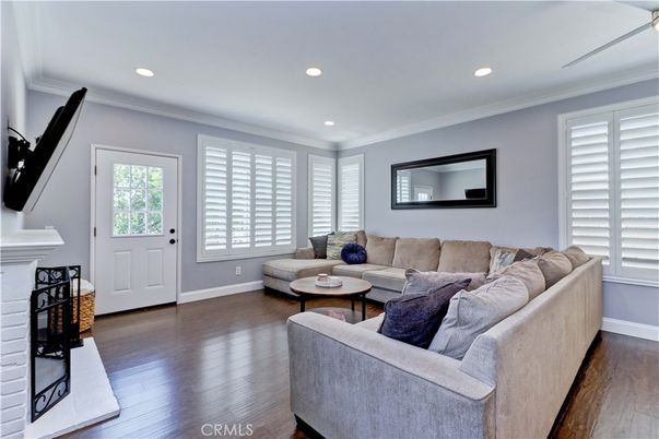 Fireplace, Interior, Living room, Recessed Lighting, Wood Texture Flooring