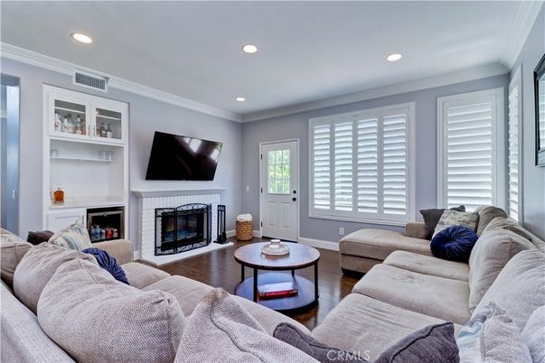 Fireplace, Interior, Living room, Recessed Lighting, Wood Texture Flooring