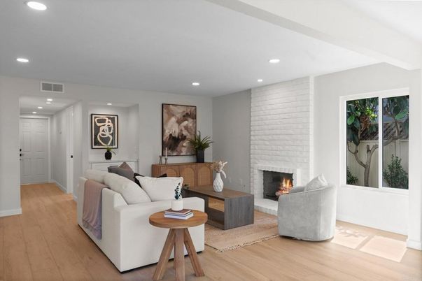Fireplace, Interior, Living room, Recessed Lighting, Stone Walls, Wood Texture Flooring