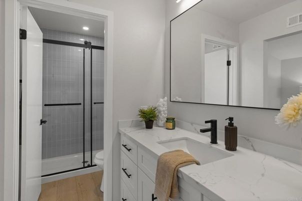 Bathroom, Glass Shower, Interior, Recessed Lighting, Wood Texture Flooring