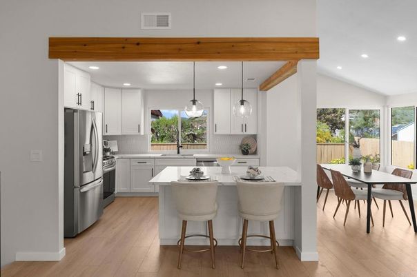 Dining room, Interior, Kitchen, Pendant Lights, Recessed Lighting, Stainless Steel Appliances, Wooden Beams, Wood Texture Flooring