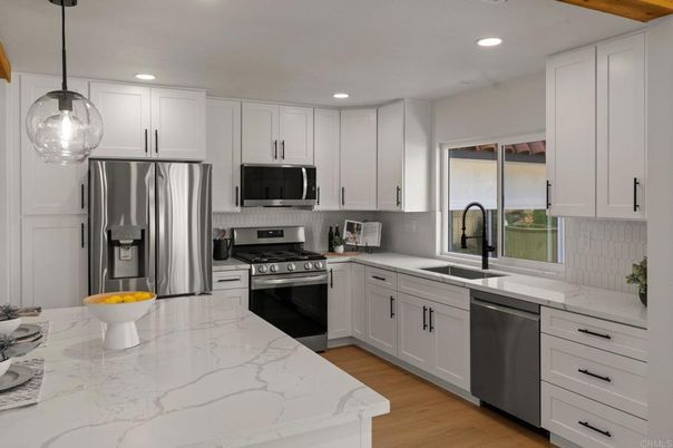 Interior, Kitchen, Pendant Lights, Recessed Lighting, Stainless Steel Appliances, Wood Texture Flooring