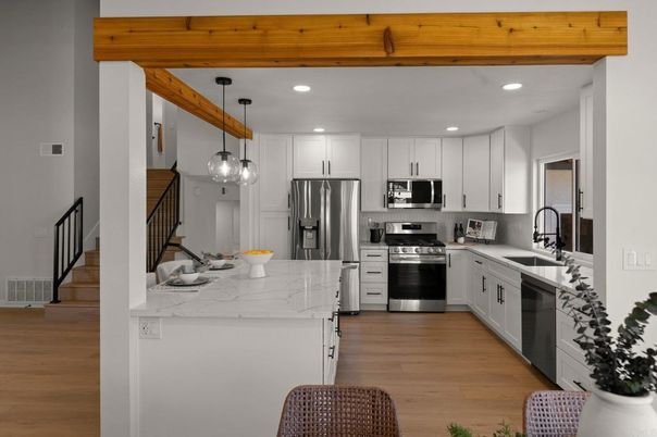 Interior, Kitchen, Pendant Lights, Recessed Lighting, Stainless Steel Appliances, Wooden Beams, Wood Texture Flooring