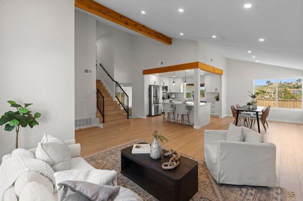 Dining room, Interior, Kitchen, Living room, Pendant Lights, Recessed Lighting, Stainless Steel Appliances, Wooden Beams, Wood Texture Flooring