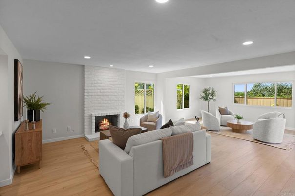 Fireplace, Interior, Living room, Recessed Lighting, Stone Walls, Wood Texture Flooring
