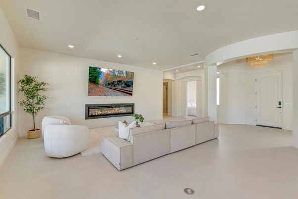 Chandelier, Fireplace, Interior, Living room, Recessed Lighting