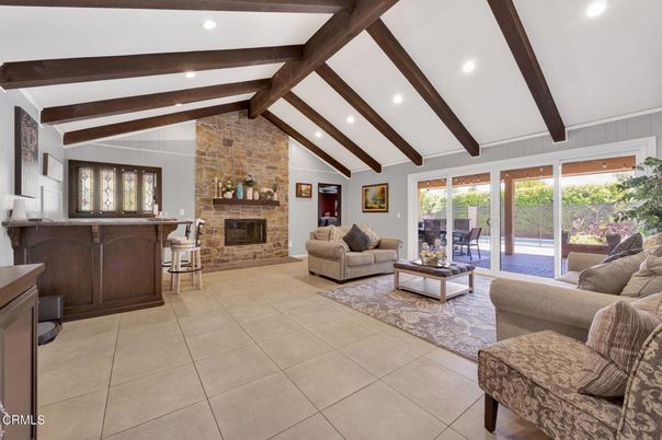 Fireplace, Interior, Living room, Recessed Lighting, Stone Walls, Wooden Beams